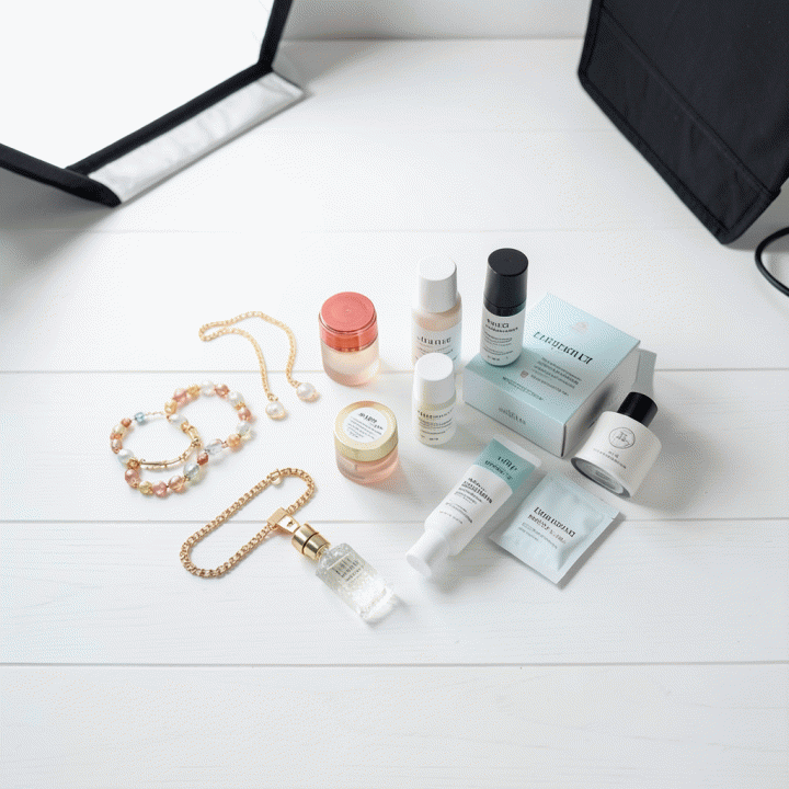 Komposisi flat lay profesional berisi berbagai produk e-commerce (perhiasan, kosmetik, dll.) di studio minimalis dengan pencahayaan sempurna, menunjukkan standar foto produk berkualitas tinggi.