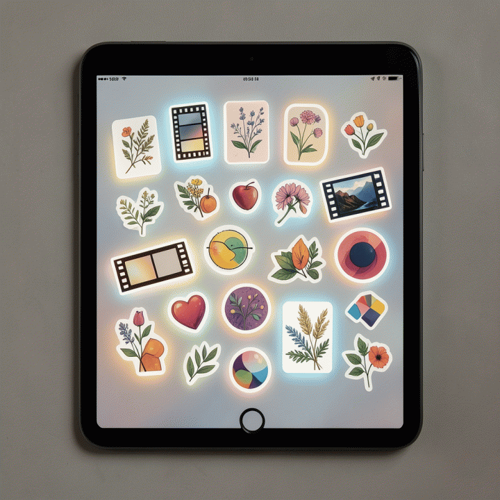 Penggunaan stiker digital premium di layar iPad untuk memperindah konten secara instan.