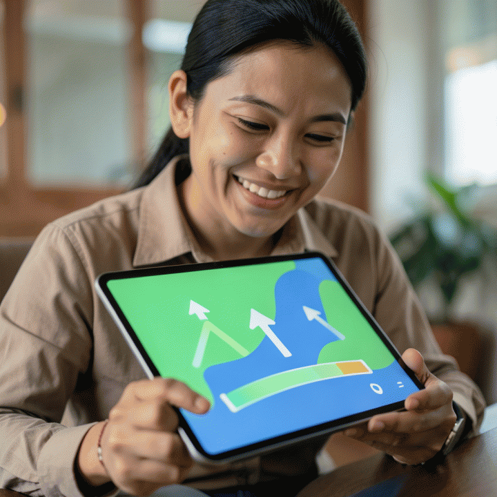 Seorang individu yang tersenyum saat berinteraksi dengan dashboard keuangan abstrak di tablet, menunjukkan kontrol dan kemajuan finansial yang positif.