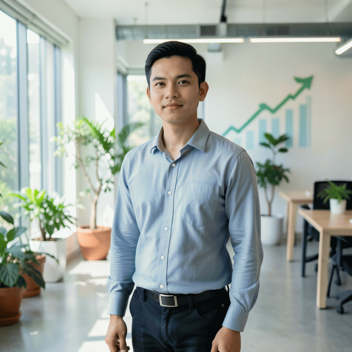 Seorang profesional muda Indonesia yang tersenyum tenang dan percaya diri di ruang kerja modern, melambangkan pencapaian kebebasan dan kendali finansial.