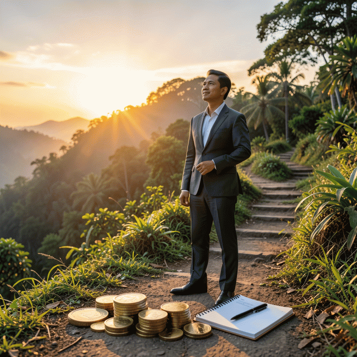 Ilustrasi sinematik seorang profesional Indonesia yang berdiri di awal jalur pendakian menuju puncak gunung yang cerah, melambangkan pencapaian kebebasan finansial dan perencanaan utang.