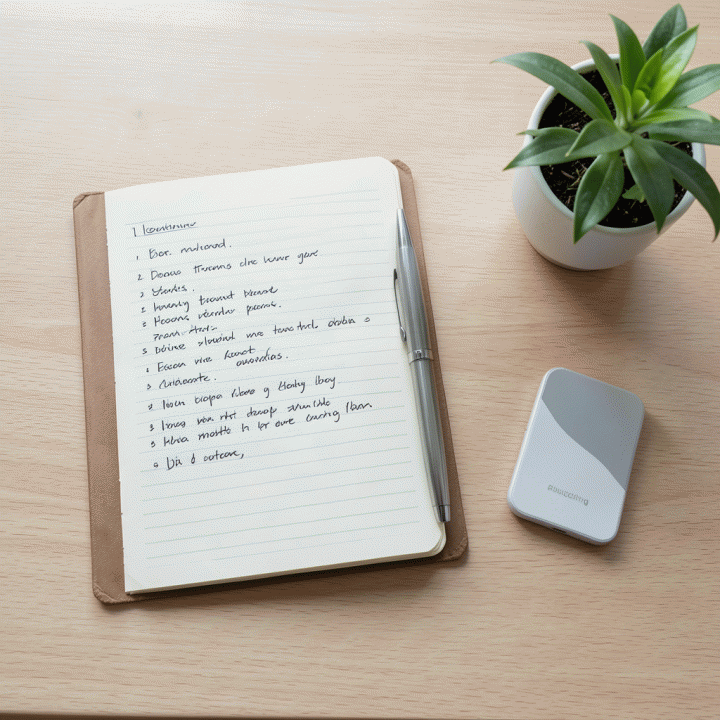 Tampilan datar (flat lay) meja kerja yang terorganisir dan rapi, menunjukkan alat-alat perencanaan keuangan pribadi yang mendukung produktivitas dan manajemen utang.