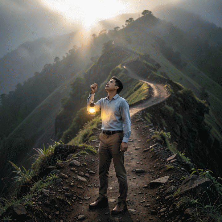 Seorang pria Indonesia berdiri di kaki gunung curam dengan ekspresi tekad, memegang lentera bercahaya yang melambangkan kejelasan finansial dan memulai perjalanan menuju kemerdekaan.
