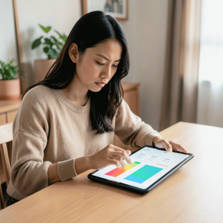 Seorang wanita Indonesia sedang fokus melacak pengeluaran di tablet, menunjukkan manajemen keuangan yang terstruktur dan tenang.