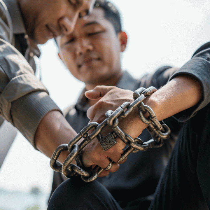 Seseorang yang secara simbolis melepaskan diri dari beban utang (rantai), menunjukkan kebebasan finansial.