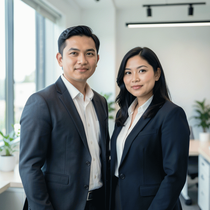 Duo foto profil profesional modern dan kredibel di latar kantor minimalis, melambangkan strategi branding karier jangka panjang.