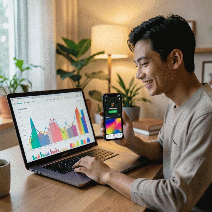 Ilustrasi seorang pengusaha muda Indonesia yang tersenyum melihat layar laptop dengan grafik analitik abstrak dan ponsel menampilkan peningkatan komisi Shopee, dalam suasana kantor rumah yang nyaman.