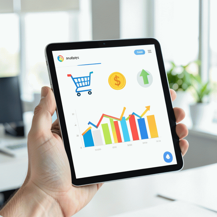 Tampilan layar tablet dengan grafik analitik abstrak dan ikon e-commerce yang menunjukkan metrik bisnis.