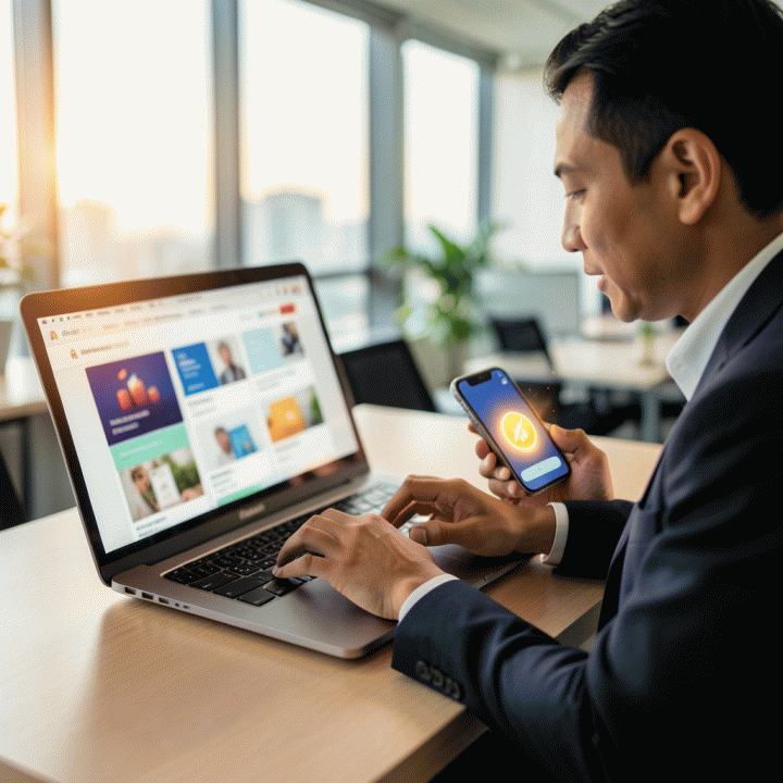 Seorang pemasar Indonesia menggunakan laptop dan ponsel secara bersamaan untuk strategi afiliasi, dengan notifikasi peningkatan komisi.