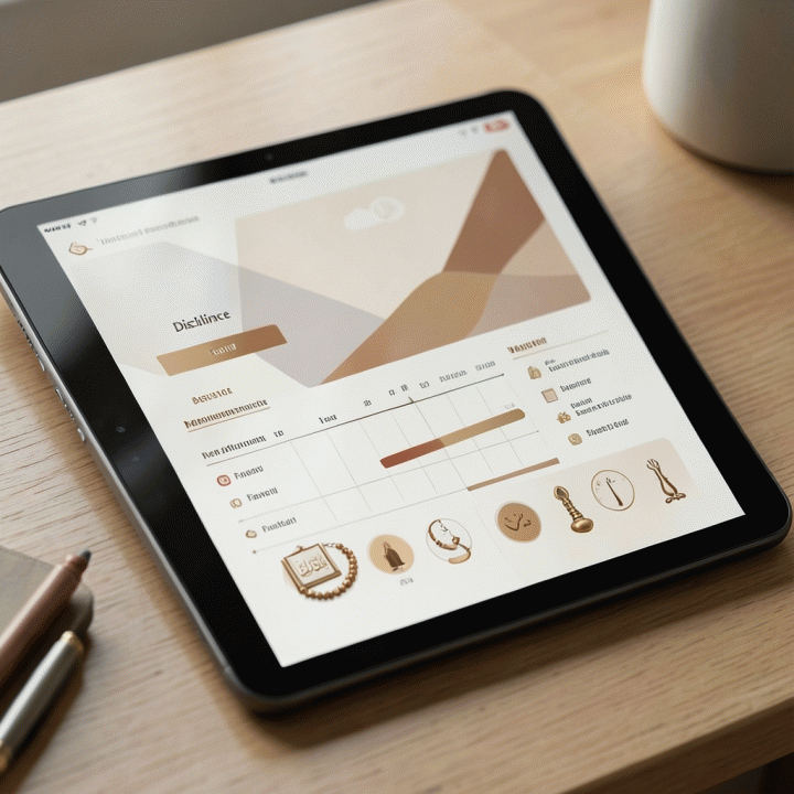 Tampilan digital planner modern yang mengintegrasikan manajemen proyek dan pelacak kebiasaan ibadah spiritual secara estetis.