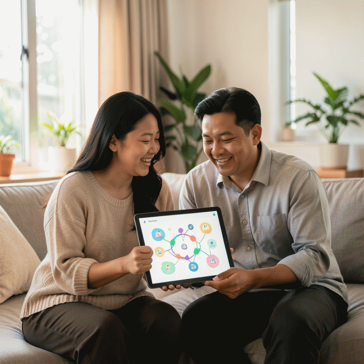 Keluarga Indonesia yang bahagia menggunakan tablet AI untuk menyusun materi belajar anak dengan mudah, menunjukkan efisiensi dan suasana belajar yang positif.