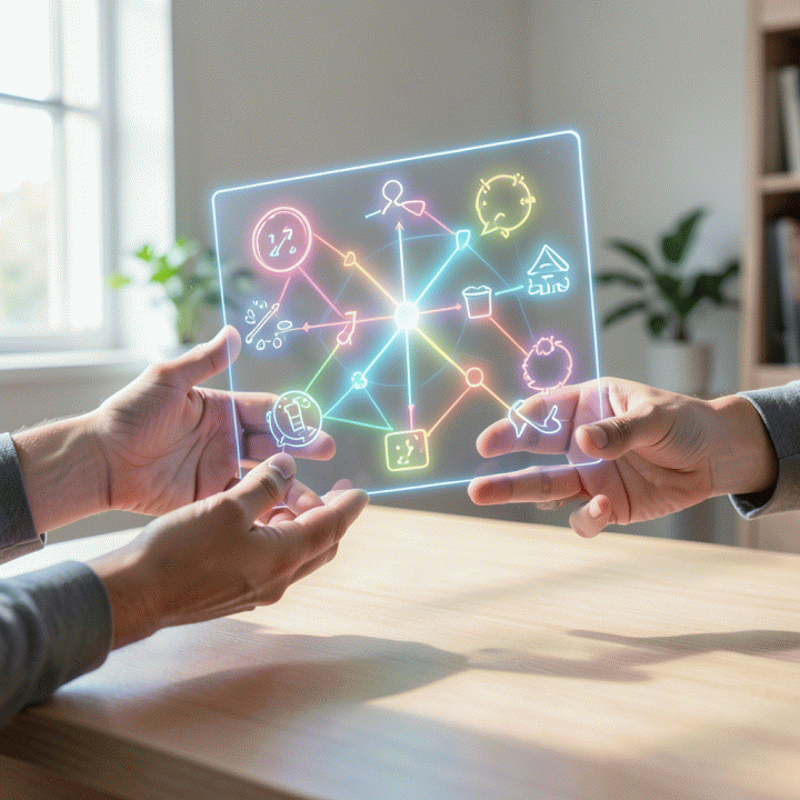 Tangan berinteraksi dengan diagram pembelajaran hologram AI, melambangkan penyusunan materi yang cerdas dan mudah.