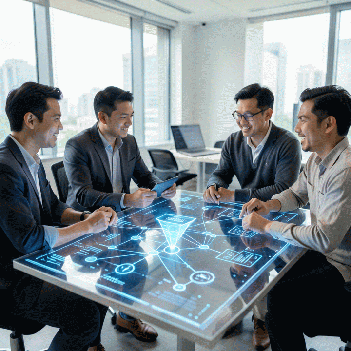 Grup profesional pemasaran digital Indonesia berdiskusi di sekitar proyeksi holografik data futuristik, melambangkan strategi pemasaran digital masa depan yang kompleks.
