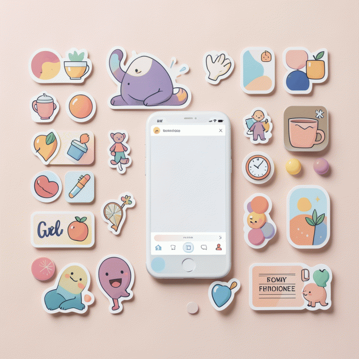 Flat lay of digital sticker pack elements for Instagram Story design on a pastel background, emphasizing creativity and ease of use.