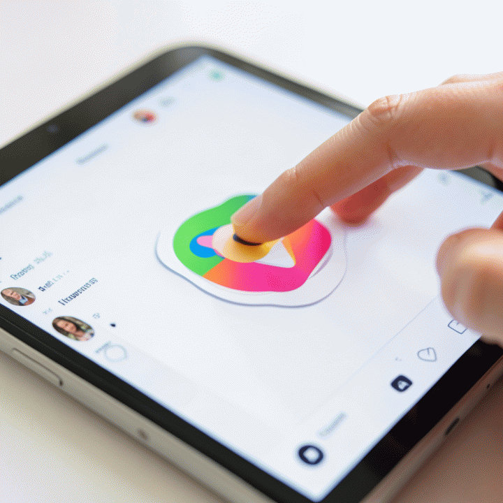 Hand placing a digital sticker onto an Instagram Story template using a tablet application.