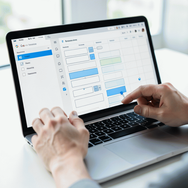 Tangan seseorang berinteraksi dengan laptop yang menampilkan antarmuka kerja digital abstrak (seperti Notion atau Google Sheets), menunjukkan proses pengorganisasian dan pembangunan sistem perencanaan target.
