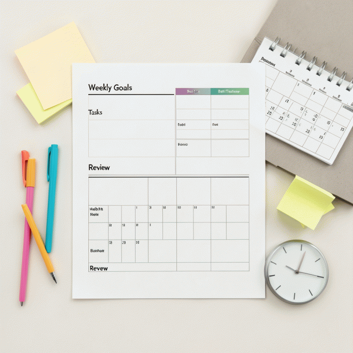Tampilan atas template planner mingguan yang terorganisir di atas kertas berkualitas tinggi, menunjukkan bagian untuk tujuan mingguan, daftar tugas, pelacak kebiasaan, dan ulasan (review).