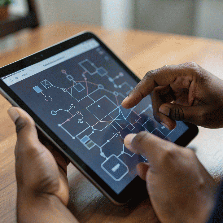Tangan berinteraksi dengan tablet digital yang menampilkan pola logika dan puzzle kognitif, menggambarkan asesmen potensi diri.