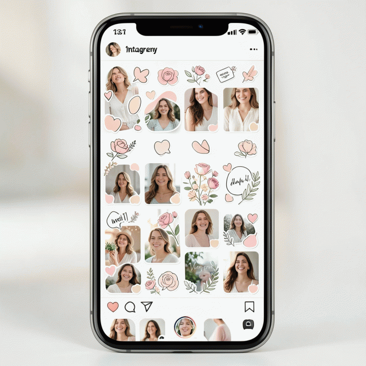 Mockup feed Instagram yang estetis dan profesional, dipercantik dengan berbagai stiker digital premium, menunjukkan peningkatan estetika konten secara keseluruhan.