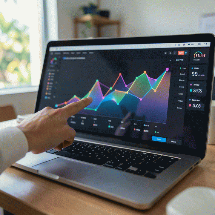Tangan menunjuk grafik tren penjualan yang meningkat di dashboard analitik, menunjukkan peningkatan profit.