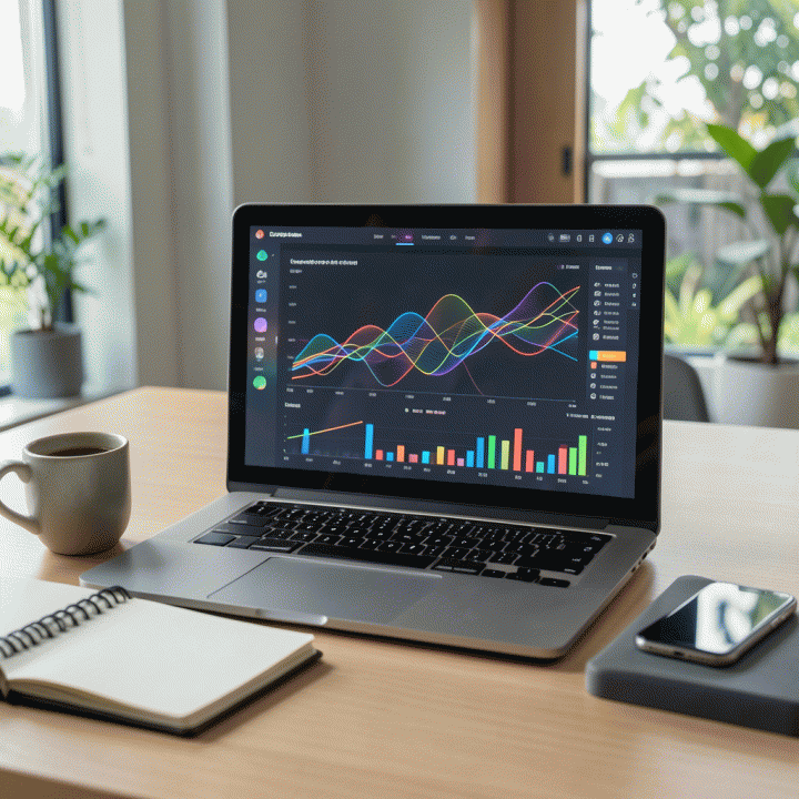 Visualisasi data analitik e-commerce di laptop, menunjukkan cara meningkatkan profit bisnis secara profesional.