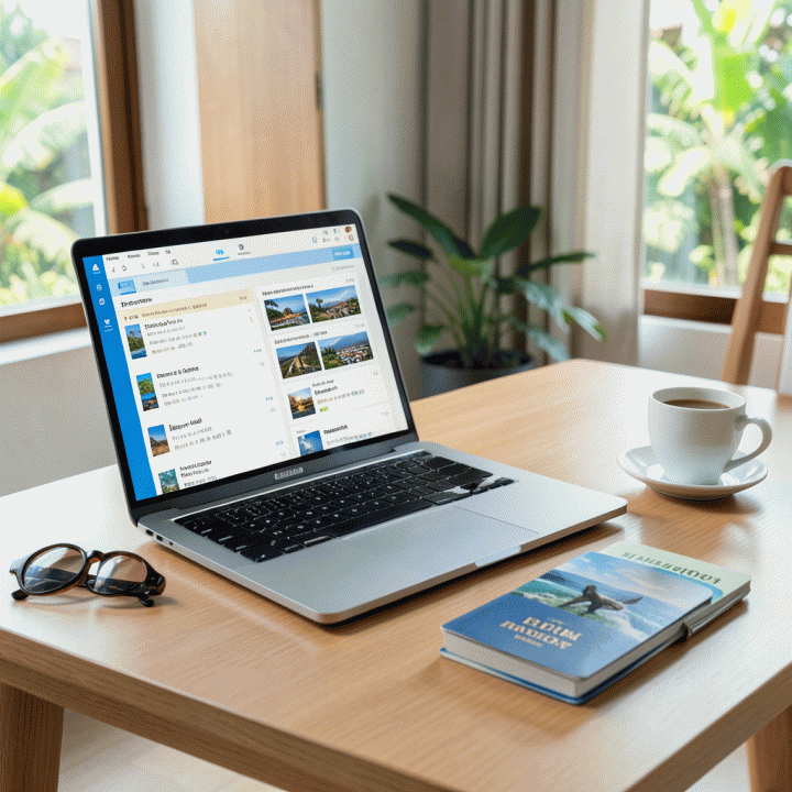 Meja kerja modern yang rapi dengan laptop menampilkan rencana perjalanan digital yang terstruktur, melambangkan perencanaan liburan yang mudah dan bebas stres.