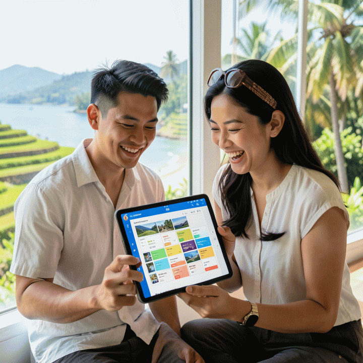 Pasangan muda Indonesia yang tersenyum melihat rencana perjalanan di tablet, menandakan kesuksesan perencanaan liburan yang bebas stres.