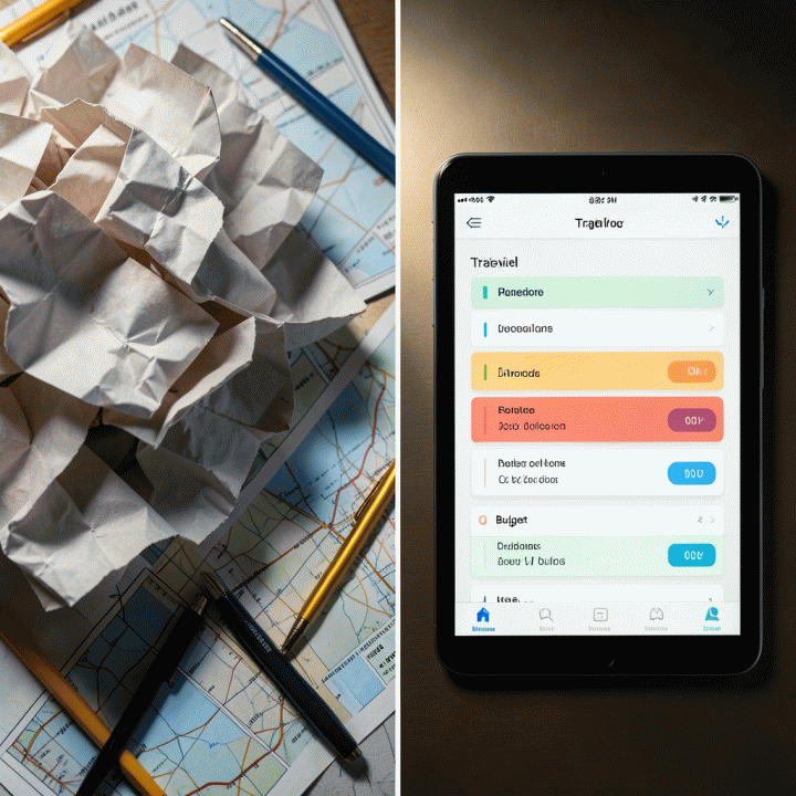 Perbandingan visual antara tumpukan kertas rencana perjalanan yang berantakan dengan layar digital travel planner yang terorganisir rapi.