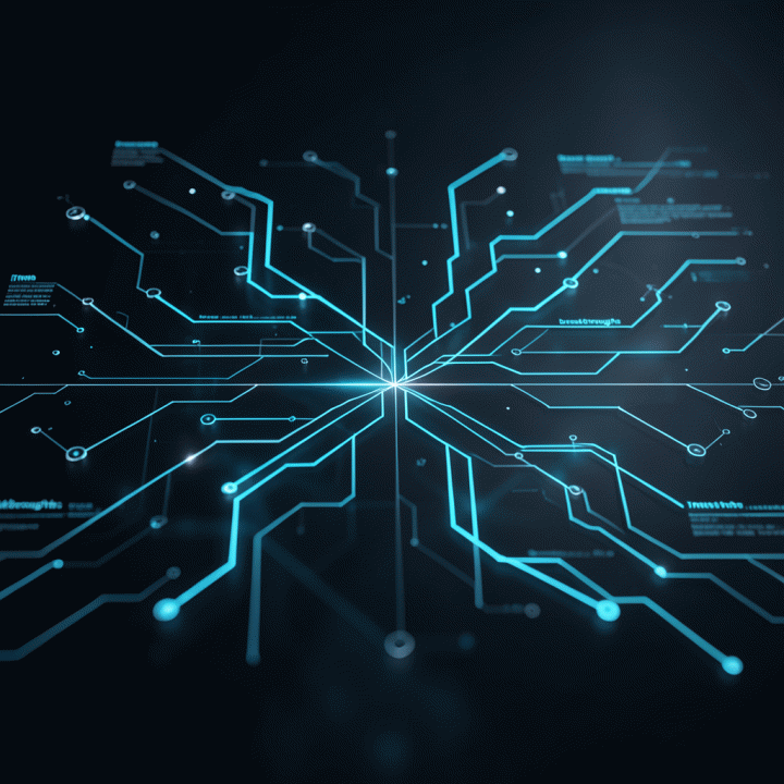 Visualisasi abstrak aliran data dan pertumbuhan tren AI, menunjukkan koneksi antar konsep dan terobosan teknologi.