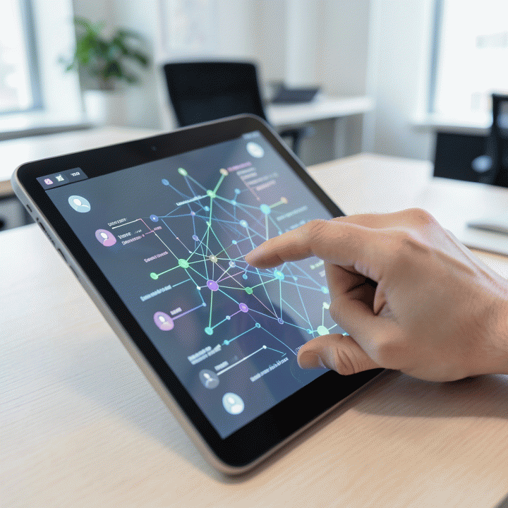 Tangan berinteraksi dengan tablet futuristik yang menampilkan visualisasi terstruktur dari pengembangan persona pengguna dan strategi konten AI.