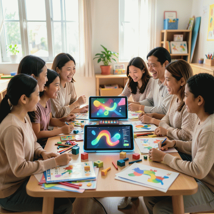 Guru dan orang tua Indonesia yang antusias berkolaborasi di kelas modern, menggunakan teknologi AI dan materi belajar yang berwarna-warni untuk kegiatan edukasi anak usia dini.