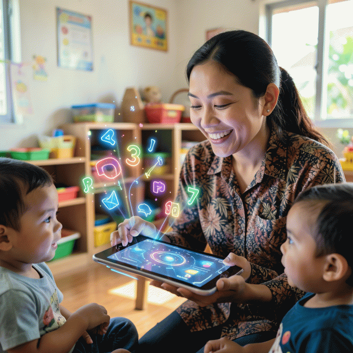 Guru Indonesia menggunakan tablet AI canggih untuk mengajarkan konsep belajar secara interaktif dan menyenangkan kepada anak usia dini.