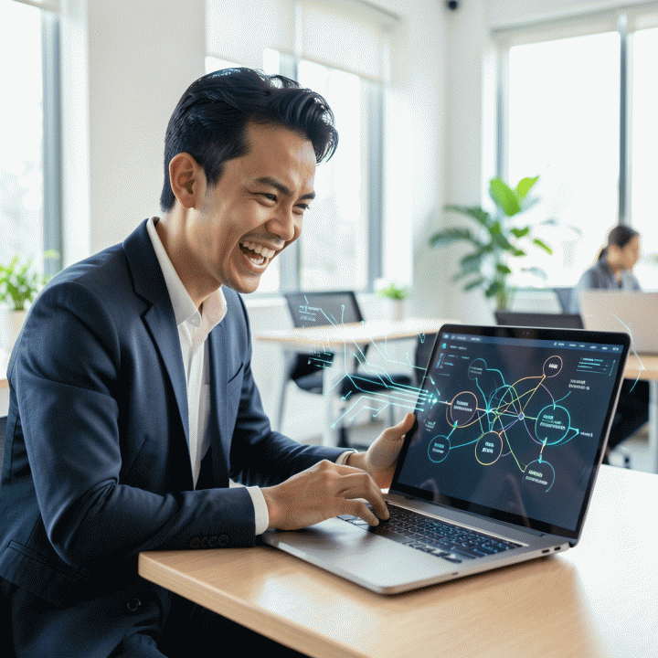 Seorang founder startup Indonesia yang sedang presentasi ide bisnis digital di co-working space modern, didukung oleh visualisasi data AI yang futuristik.
