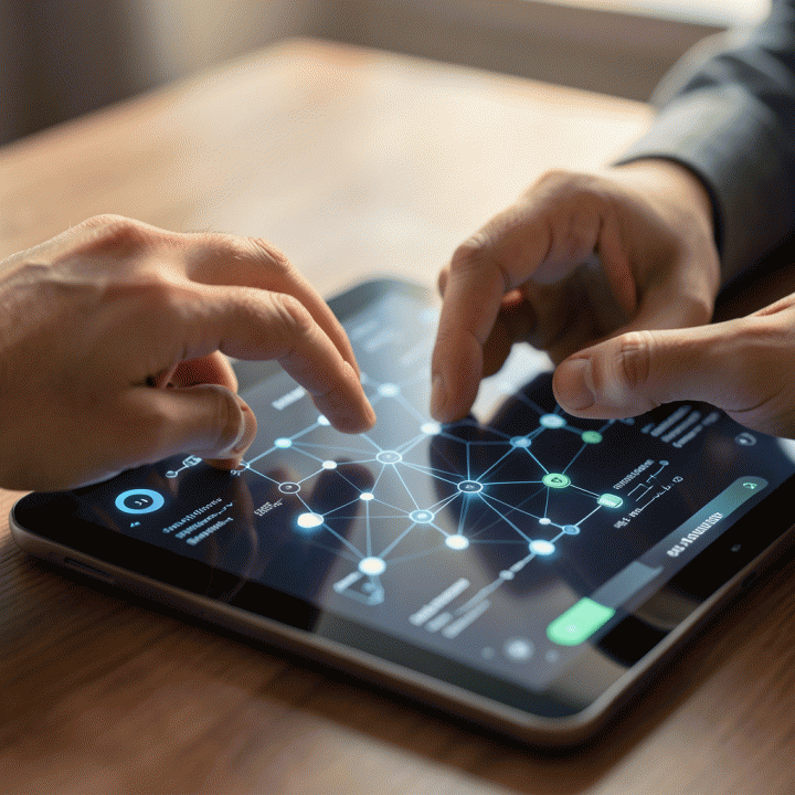Visualisasi kolaborasi antara founder dan AI di atas tablet, menunjukkan ide mentah yang diolah menjadi rencana bisnis terstruktur.