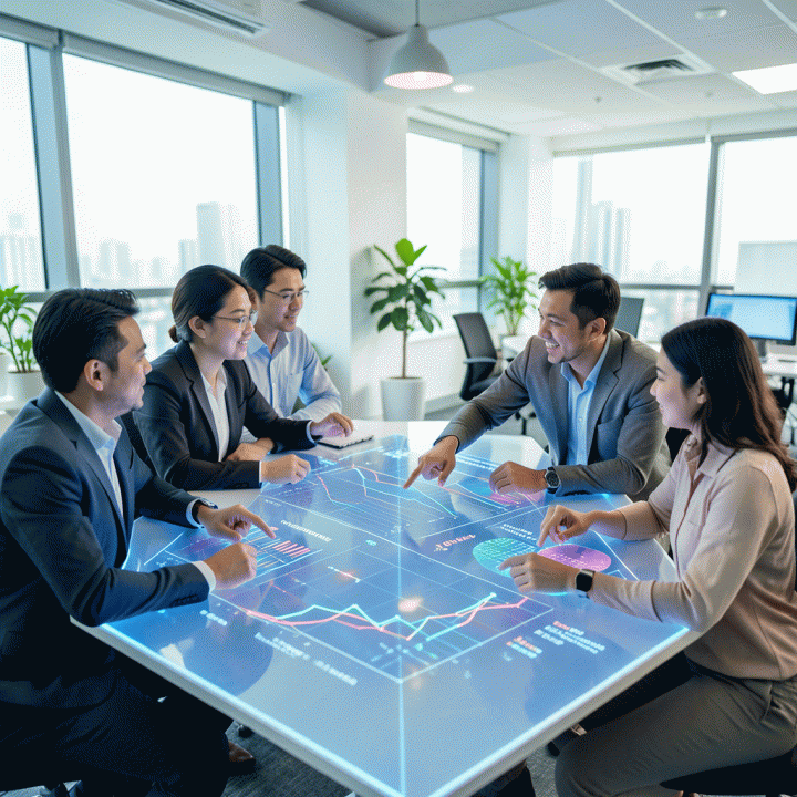 Tim startup Indonesia berdiskusi strategis di sekitar data proyeksi holografik, mewakili hasil riset pasar AI.