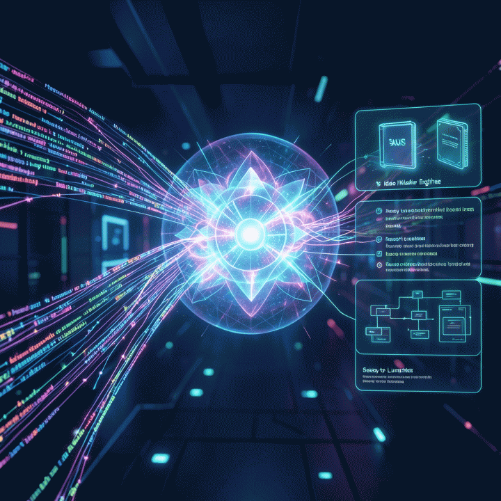 Visualisasi abstrak mesin AI yang memproses data mentah menjadi aset digital yang siap diluncurkan.