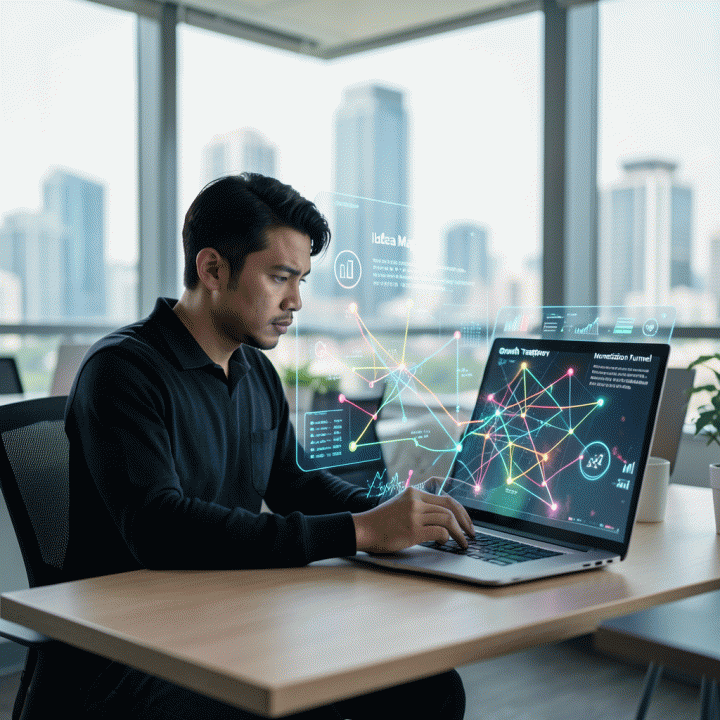 Seorang founder atau kreator muda di co-working space modern, fokus menganalisis data abstrak di antarmuka holografik yang menunjukkan peta ide dan arus monetisasi, melambangkan konversi ide menjadi bisnis digital.