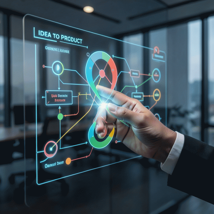 Tangan profesional menunjuk ke proyeksi antarmuka digital holografik yang menampilkan diagram alir kompleks, melambangkan proses pengembangan ide menjadi produk.