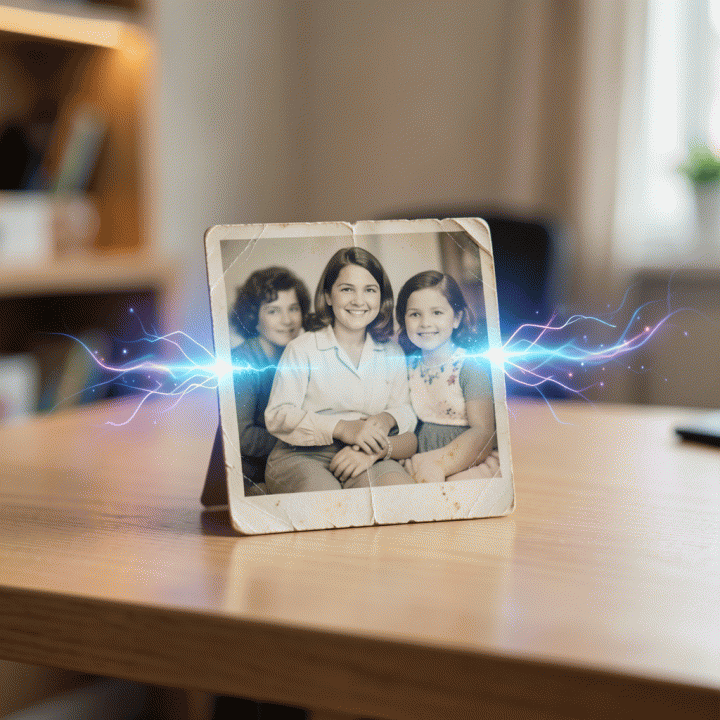 Foto keluarga vintage yang buram dan usang sedang diproses oleh energi digital AI, berubah menjadi gambar yang jernih dan beresolusi tinggi di atas meja kayu modern.
