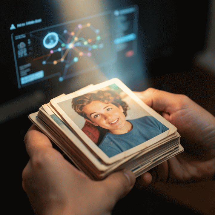 Tangan yang memegang foto keluarga lama yang usang, dengan cahaya digital AI yang menyinari dan memperjelas wajah-wajah di foto tersebut.