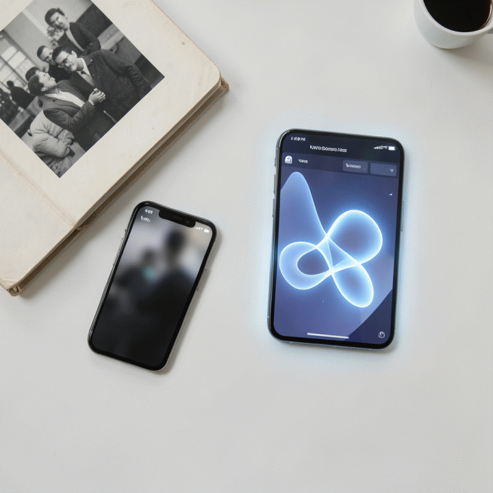 Tampilan datar (flat lay) di atas meja kerja modern, menunjukkan transisi dari foto buram ke hasil foto beresolusi tinggi menggunakan teknologi AI.
