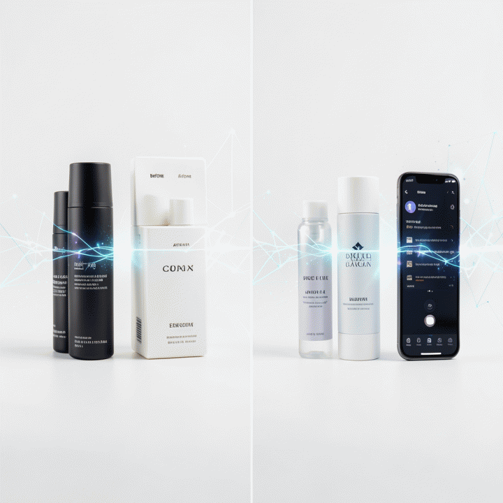 Perbandingan visual foto produk e-commerce yang buram (low-resolution) menjadi foto yang sangat detail dan tajam (high-resolution) menggunakan teknologi AI upscaling.