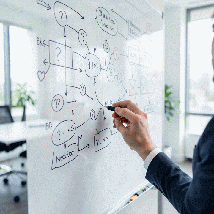 Tangan yang sedang membuat diagram alir dan peta pikiran di papan tulis putih, melambangkan langkah-langkah sistematis dalam validasi ide produk.