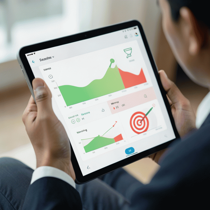 Tampilan abstrak dashboard analisis pasar dan lead generation pada tablet, menunjukkan metrik pertumbuhan dan validasi data.