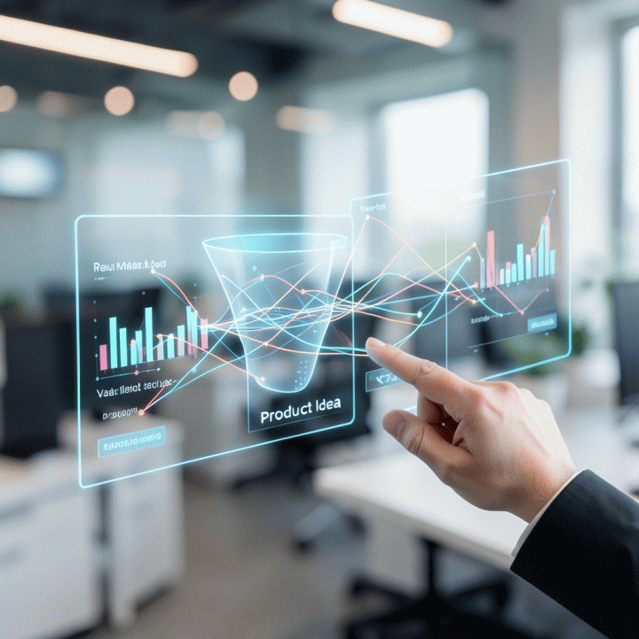 Visualisasi alur kerja digital yang menyederhanakan data riset pasar menjadi validasi ide produk yang jelas.