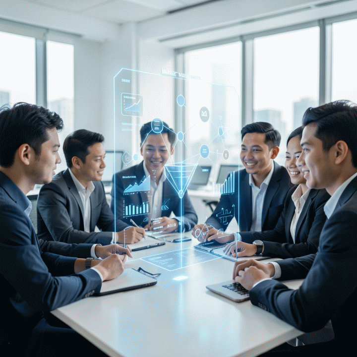 Tim profesional Indonesia berkolaborasi di depan tampilan holografik data yang kompleks, menunjukkan proses validasi pasar dan aliran prospek yang terstruktur.