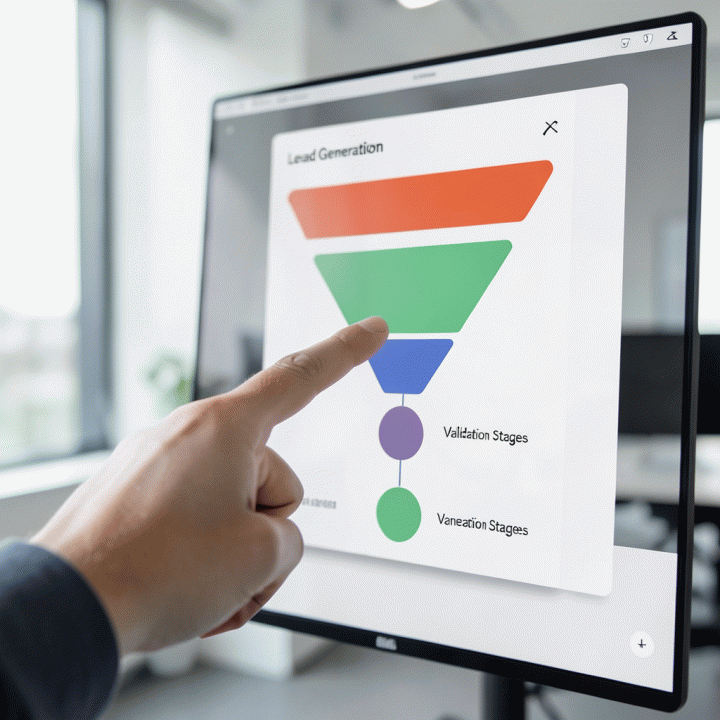 Tampilan dashboard abstrak yang menunjukkan saluran atau corong (funnel) penjualan yang terstruktur dan proses validasi data.