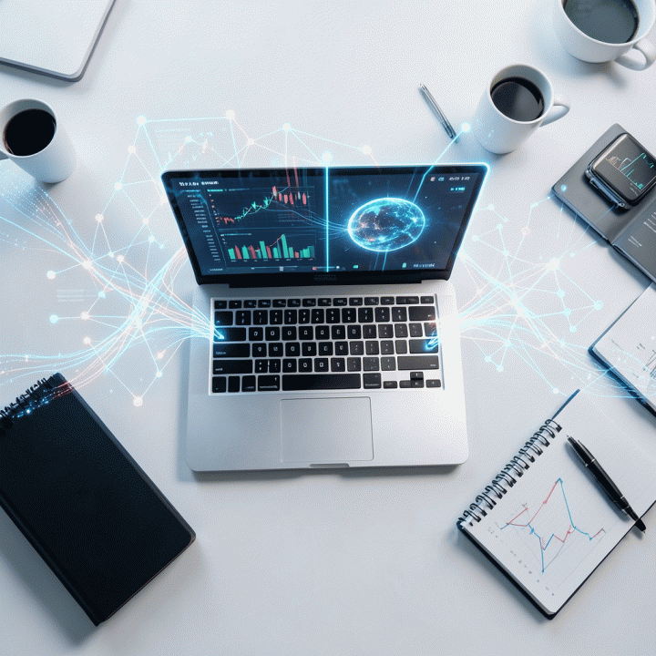 Visualisasi sinematik dan realistis dari analisis data pasar yang kompleks dan terstruktur, menunjukkan bagaimana teknologi AI menghubungkan data mentah menjadi wawasan bisnis yang terarah di atas meja kerja modern.