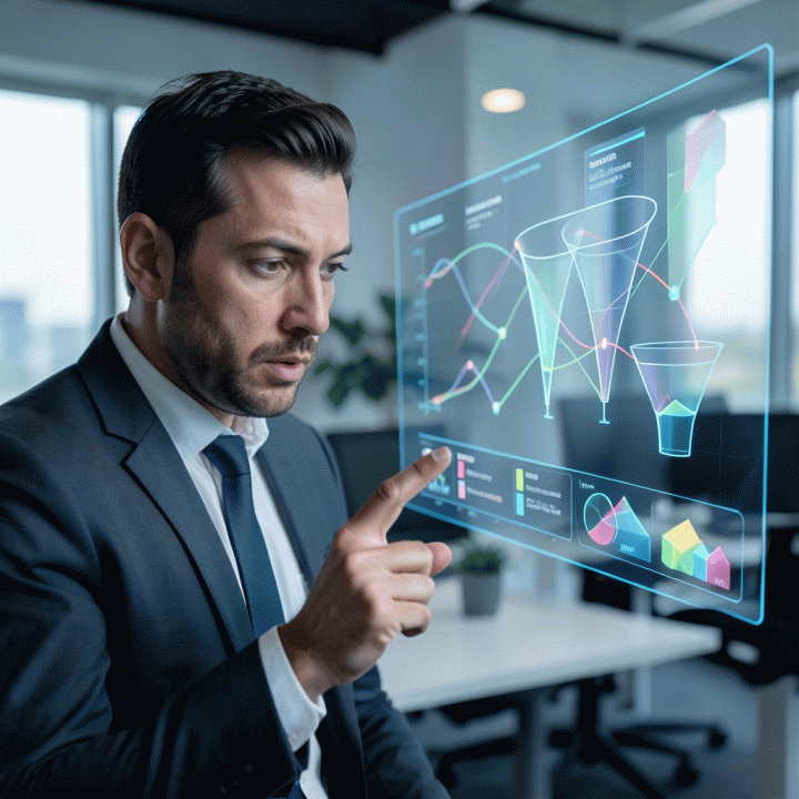 Seorang profesional melihat ke dashboard holografik yang abstrak, menunjukkan visualisasi alur lead generation dan validasi pasar yang terstruktur.
