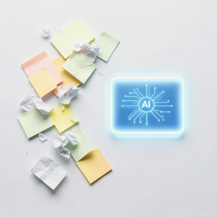 Perbandingan visual antara kekacauan data manual (kertas) dan solusi terorganisir berbasis AI yang rapi dan bercahaya.